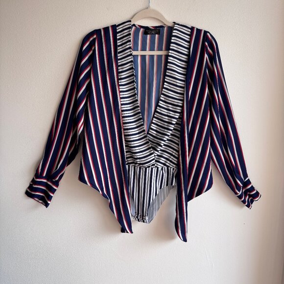 SzS Zara Wrap Bodysuit with Knotted Front & Red/Blue Stripes - EUC - Picture 3 of 12